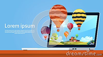 Modern Laptop Computer With Colorful Air Balloons Flying In Sky Image Vector Illustration