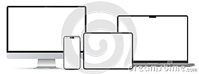 Modern laptop computer, monitor, tablet pc and mobile phone mockup front view, notebook mockup and phone device mockup ui ux app, Vector Illustration