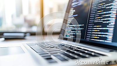 Modern laptop displaying lines of code on its screen, suggesting software development or programming work in a bright Stock Photo