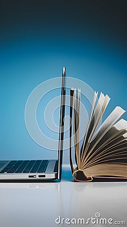 A modern laptop next to an open book creating a digital analog fusion Stock Photo