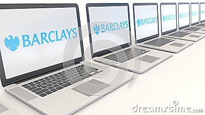 Modern laptops with Barclays logo. Computer technology conceptual editorial 3D rendering Editorial Stock Photo