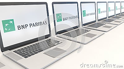 Modern laptops with BNP Paribas logo. Computer technology conceptual editorial 3D rendering Editorial Stock Photo