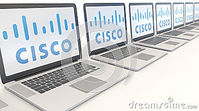 Modern laptops with Cisco Systems logo. Computer technology conceptual editorial 3D rendering Editorial Stock Photo