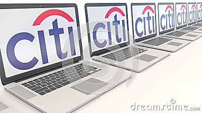 Modern laptops with Citigroup logo. Computer technology conceptual editorial 3D rendering Editorial Stock Photo