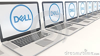 Modern laptops with Dell Inc. logo. Computer technology conceptual editorial 3D rendering Editorial Stock Photo