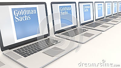 Modern laptops with The Goldman Sachs Group, Inc. logo. Computer technology conceptual editorial 3D rendering Editorial Stock Photo