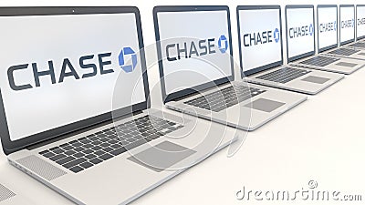 Modern laptops with JPMorgan Chase Bank logo. Computer technology conceptual editorial 3D rendering Editorial Stock Photo