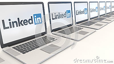 Modern laptops with LinkedIn logo. Computer technology conceptual editorial 3D rendering Editorial Stock Photo