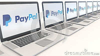 Modern laptops with PayPal logo. Computer technology conceptual editorial 3D rendering Editorial Stock Photo