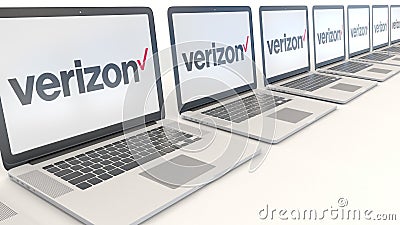 Modern laptops with Verizon Communications logo. Computer technology conceptual editorial 3D rendering Editorial Stock Photo