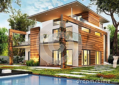 Modern large house with lighting and pool Stock Photo