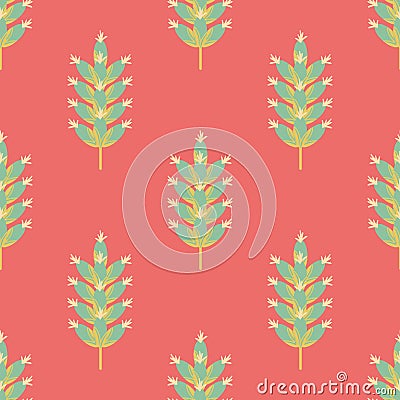 Modern Lavender seamless vector pattern background. Isolated blue graphic blossoms on stems on coral red backdrop Vector Illustration