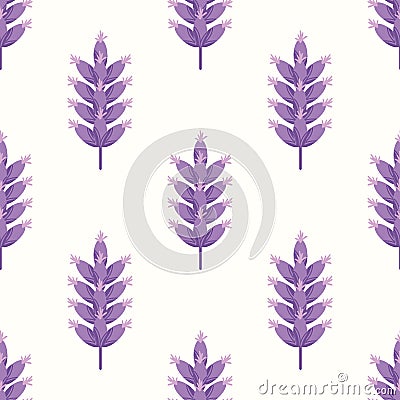 Modern Lavender seamless vector pattern background. Isolated purple graphic blossoms on stems on white backdrop Vector Illustration