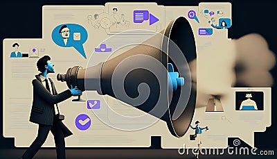 Modern lead generation methods. Business man with large megaphone, stylized illustration. Generative AI Cartoon Illustration