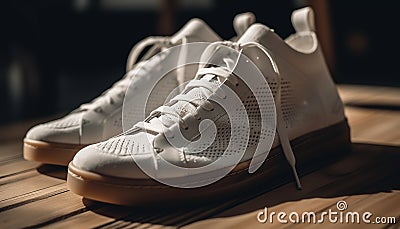 Modern leather sports shoe with undone shoelace on wooden flooring Stock Photo