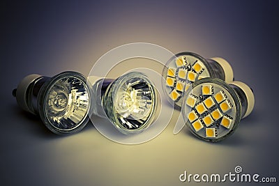 Modern LED bulbs with classic old bulbs Stock Photo