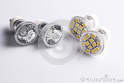 Modern LED bulbs with classic old bulbs Stock Photo