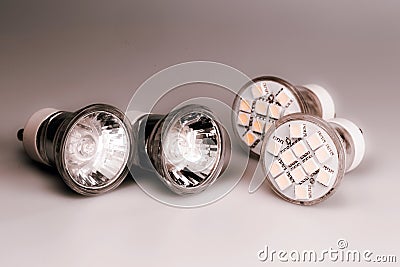 Modern LED bulbs with classic old bulbs Stock Photo