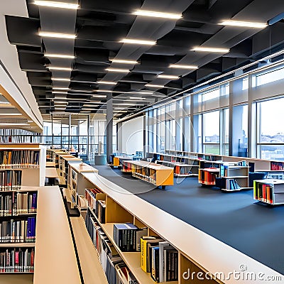 A modern library with flexible spaces that cater to various learning styles and information needs3 Stock Photo