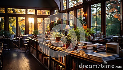 Modern library with large book collection, illuminated by window generated by AI Stock Photo