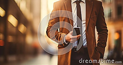 modern lifestyle coach bag phone businessman men handsome young suit adult. Generative AI. Stock Photo