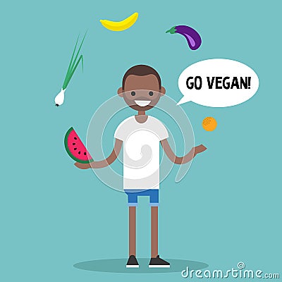 Modern lifestyle. Go vegan. Young black man juggling fruits and Cartoon Illustration