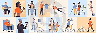 Modern lifestyle scenes with young or old people, geometric mosaic color pattern Vector Illustration