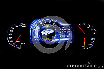 Modern light car mileage on black background MPH Editorial Stock Photo