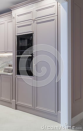 Modern light classical kitchen interior with combination oven, microwave and fridge Stock Photo