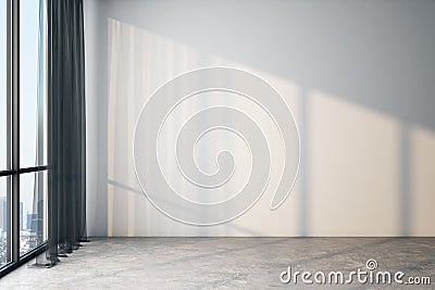 Modern light empty room with blank white wall, concrete floor and big window with city view Stock Photo