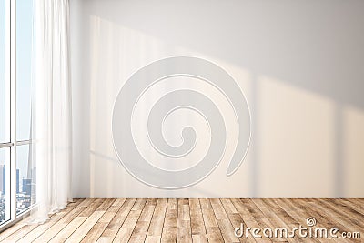 Modern light empty room with blank white wall, wooden floor and big window with city view Stock Photo