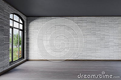 Modern light-flooded empty room, white gray brick wall and wooden parquet floor; large window with idyllic lakeside view; 3D Cartoon Illustration