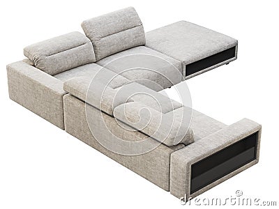 Modern light gray fabric corner sofa with adjustable backrest and storage. 3d render Stock Photo