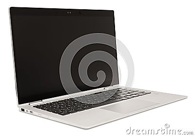 Modern light gray laptop with sleek design, isolated on white background. Side view. Cut out computer, notebook with Stock Photo