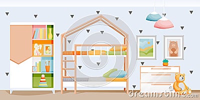 Modern light kids bedroom with bunk bed, wardrobe and toys. Children playroom interior. Vector flat cartoon illustration Vector Illustration