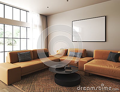 Modern light pastel home interior with bright orange couch and scandinavian brown carpet. Big window. Mock up frame Cartoon Illustration