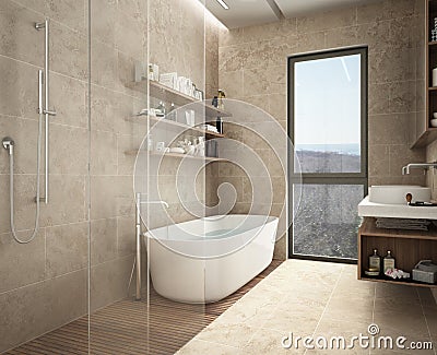 Modern limestone bathroom, bathtub and shower, shelves with bottles, big panoramic window Stock Photo