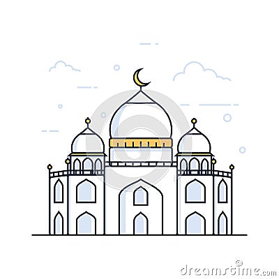 Modern line art Islamic Mosque building. White background, Modern Mosque Vector Illustration