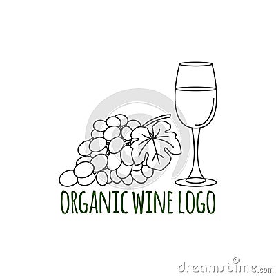 Modern line style logo with grapes, leaf and glass of wine. Vector Illustration