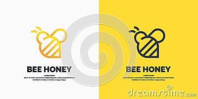 Modern linear logos for beekeepers. The stickers on the products of the apiary. Vector label for bee honey. Vector Illustration