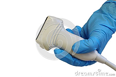 Modern linear ultrasound diagnostic probe held in doctor hand in blue sterile glove Stock Photo