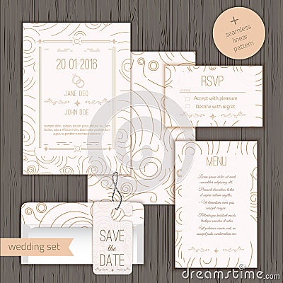 Modern linear wedding invitation card design set Vector Illustration