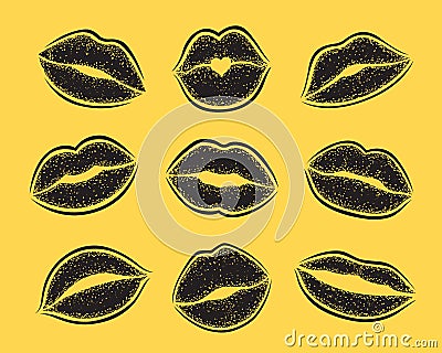 Modern Lips prints on a white background. Vector set of womans girl lipstick kiss mark. Vector Illustration