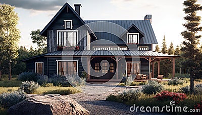 Modern Living in the Countryside: An American Home with a Spectacular View and a Spacious Garden. Generative Ai Stock Photo