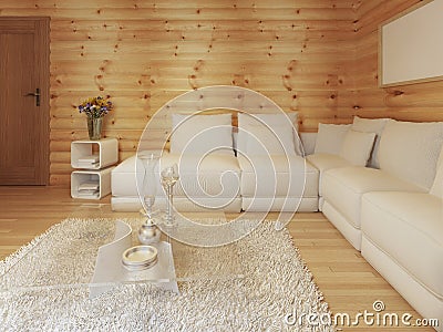 Modern living in a log interior with large white corner sofa. Stock Photo