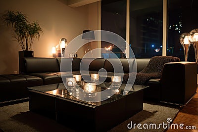 modern living room, with black leather sectional and glass coffee table, surrounded by candlelit ambiance Stock Photo