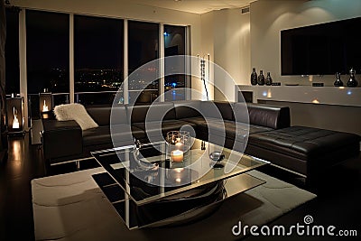 modern living room, with black leather sectional and glass coffee table, surrounded by candlelit ambiance Stock Photo