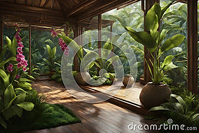 Modern living room with blooming pink orchids tropical style. Beautiful view and big window. Stock Photo