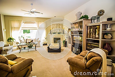 Modern Living Room with Bookcase & Fireplace Stock Photo