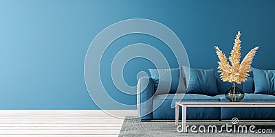 Modern living room design with empty blue mock up wall and blue sofa Stock Photo